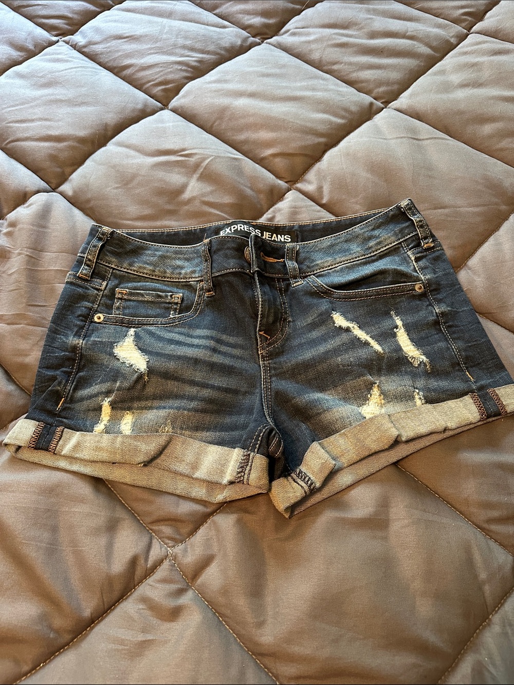 Express Dark Blue Distressed Roll-Cuff Jean Shorts